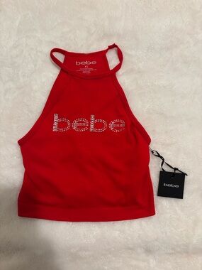 bebe Red Crystal Logo Ribbed Tank